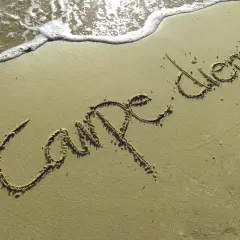 Napis "Carpe diem" na piasku, zmywany przez falę.